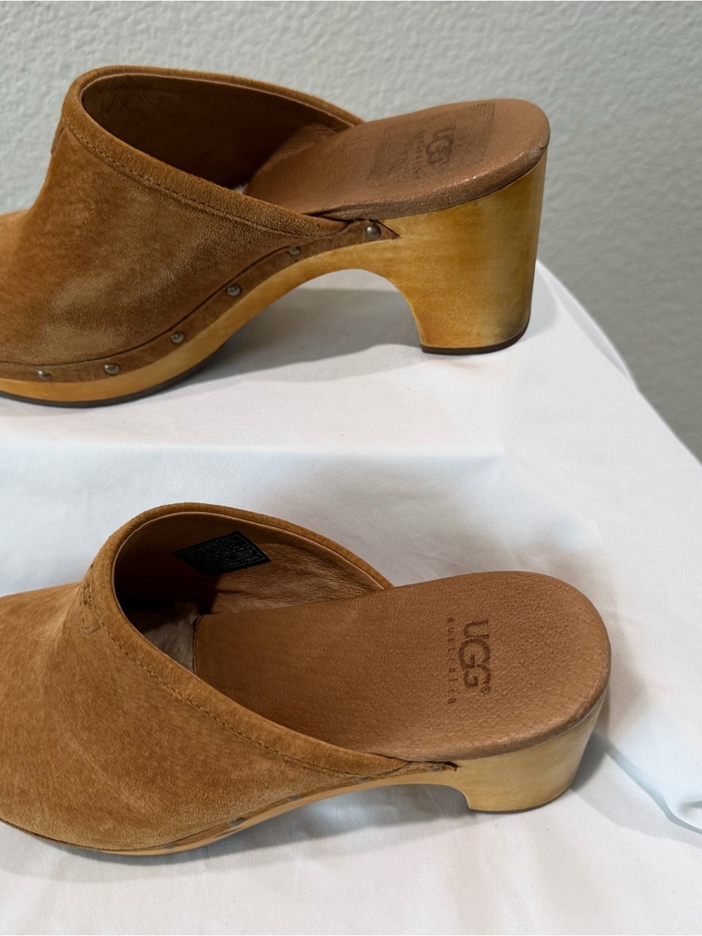 UGG Tan Suede Wooden Heel Clog Mules - Picture 2 of 5